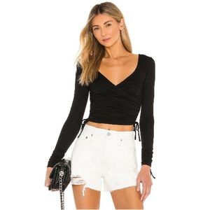 Lovers and Friends + Dory Top Medium Crop Wrap Black Long Sleeve Ties Ruch Shirt